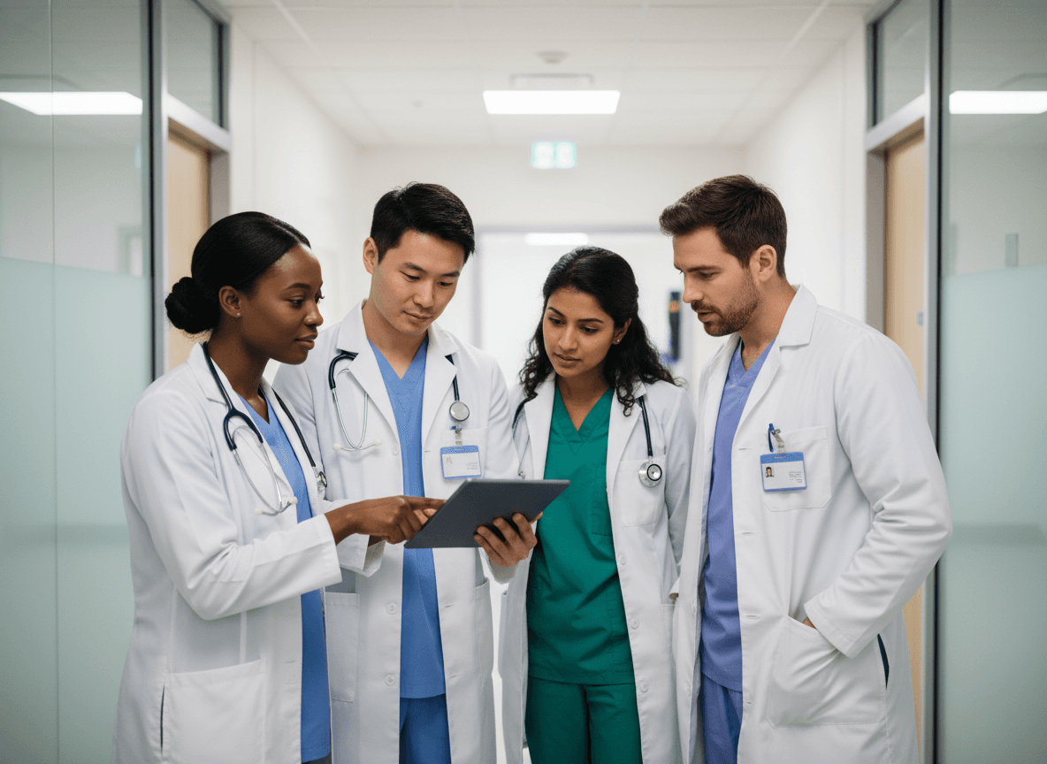 Equipo médico revisando información en una tablet