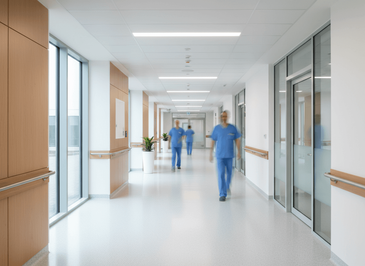 Pasillo de un hospital con personal de salud